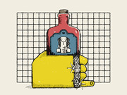 Editorial illustration of a tattooed yellow hand holding a red bottle with a snake label, set against a grid background.
