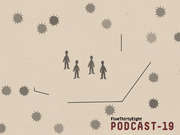 FiveThirtyEight Podcast-19 editorial illustration showing four human figures surrounded by coronavirus particles on a beige background.