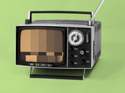 Editorial illustration of a vintage Sony portable television with a pixelated censored image on its screen, set against a green background.