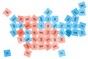 Cartogram map of the United States with each state represented as a tilted square colored blue or pink/red, labeled with two-letter state abbreviations.