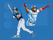 Editorial illustration of two Toronto Blue Jays baseball players on a blue graphic background with grid and circle design elements.