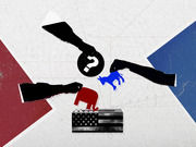 Editorial illustration showing three hands placing a question mark, a red Republican elephant, and a blue Democratic donkey into an American flag ballot box.