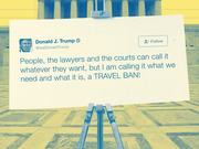 Editorial illustration showing a Donald Trump tweet about the travel ban displayed on an easel in front of the Supreme Court building.