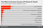 Horizontal bar chart showing the most common causes of natural death as a percentage of all U.S. deaths in 2013, led by heart disease at 24% and cancer at 23%.