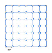 Grid diagram showing a 6x6 pattern of rounded octagonal blue cells with a 1 km scale bar indicating the size of one cell.