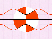 Abstract editorial illustration showing red and white sine waves intersecting a red and white circle on a pink grid background.