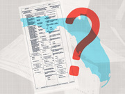 Editorial illustration showing a Broward County Florida 2018 general election ballot overlaid on a map silhouette of Florida with a large red question mark.