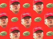 Repeating pattern of Donald Trump wearing a Make America Great Again hat alongside Made in China labels on a red background.