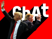 Editorial illustration showing two photos of Donald Trump waving against a red and black graphic background with the word Chat in large white letters.