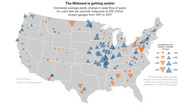 US map showing estimated average yearly change in peak water flow at 200 USGS stream gauges from 1917 to 2017, with blue upward triangles indicating increases and orange downward triangles indicating decreases.