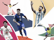 Colorful editorial collage of five soccer players in national team jerseys including USA number 10, Argentina number 10, Morocco number 14, and Senegal number 18.