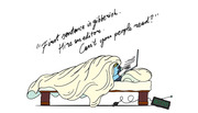Editorial cartoon of a person lying in bed with a laptop, with handwritten text reading a critical comment about writing quality.