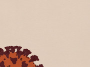Editorial illustration of a coronavirus particle in orange and dark red tones against a beige background, partially cropped in the lower left corner.