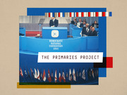 Editorial collage featuring a vintage photo of the 1968 Democratic National Convention podium overlaid with geometric color blocks and the title The Primaries Project.