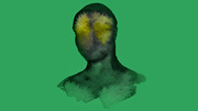 Watercolor illustration of a faceless human head and shoulders with yellow-green glowing areas on the forehead, on a green background.