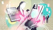 Colorful editorial collage illustration showing faceless figures using smartphones and tablets surrounded by data charts, bar graphs, and digital technology motifs.