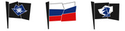 Three stylized illustrated flags shown in a fragmented geometric style, including what appears to be a black flag with emblem, the Russian tricolor, and another black flag.