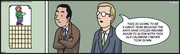 A comic strip showing two men in suits, one remarking that days have cycled to align with an old calendar he never took down, with a clown calendar visible on the wall.