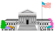 Stylized illustration of the U.S. Supreme Court building with colorful trees and an American flag on a flagpole.