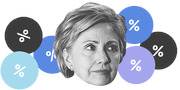 Black and white illustration of Hillary Clinton surrounded by blue and dark circles containing percent signs, used as editorial art.