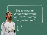 Editorial illustration of Real Madrid footballer Sergio Ramos with a speech bubble reading that the answer to what went wrong for Real is often Sergio Ramos.