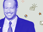 Editorial illustration of a smiling man in a blue suit with a purple color overlay, surrounded by small campaign-themed icons including a camera, star, and van.