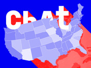 Stylized editorial illustration of a US political map in blue and red with the word 'chAt' overlaid in large white text on a blue background.