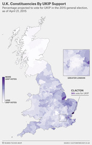 Choropleth map of UK constituencies shaded by projected UKIP vote share in the 2015 general election, with an inset for Greater London and Clacton highlighted at 36%.