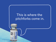 Editorial illustration of a Janssen COVID-19 vaccine vial with a speech bubble saying 'This is where the pitchforks come in.' on a blue background.