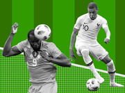 Editorial illustration showing two black-and-white soccer players on a green grid background, one heading a ball wearing number 9 and one dribbling wearing number 10.