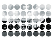 A grid of black-and-white circular photo crops showing the White House from sky to lawn, arranged in rows from top to bottom.