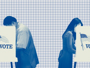 Editorial illustration showing two people voting at polling booths with American flags and VOTE signs, set against a blue grid background.