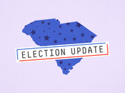 Editorial illustration of South Carolina state outline filled with blue stars pattern and an Election Update label with red and blue borders.