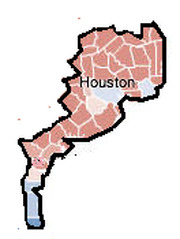 A choropleth map of the Houston metropolitan area showing regional subdivisions in shades of pink and red.