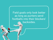 Editorial illustration of two Miami Dolphins football players with a speech bubble reading that field goals only look better as long as punters send footballs into their blockers' backsides.