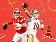 Editorial illustration showing Kansas City Chiefs quarterback number 15 and San Francisco 49ers quarterback number 10 in throwing poses on a red background with football play diagram arrows.