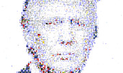A mosaic portrait of a person's face composed of tiny text fragments, images, and colorful snippets arranged to form facial features.