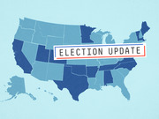 Illustrated US map in shades of blue with a bold Election Update label framed in red and blue lines, used as a FiveThirtyEight editorial header graphic.