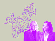 Editorial illustration showing two women in purple tones beside an outlined gerrymandered congressional district map filled with small arrow shapes on a tan background.