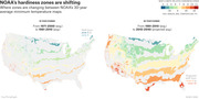 Two US maps showing NOAA hardiness zone shifts: a 10-year change from 1971-2000 to 1981-2010 averages, and a projected 30-year change from 1981-2010 to 2010-2040, colored by zone.