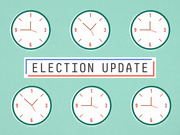 Editorial illustration showing six analog clocks on a teal background surrounding a red-white-and-blue bordered label reading Election Update.
