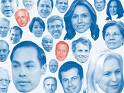 Collage of blue and red-tinted cutout faces of 2020 US presidential candidates arranged at various sizes on a white background.
