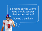 Editorial illustration of a New York Giants player wearing jersey number 8 with a speech bubble reading a humorous quote about Giants fans tempering expectations.