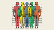 Five colorful human body figures in red, yellow, blue, green, and orange standing against a grid background, overlapping each other.