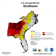 U.S. Drought Monitor map of the Southeast region dated November 29, 2016, showing drought intensity by county from D0 Abnormally Dry to D4 Exceptional Drought.
