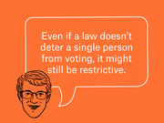 Editorial illustration of a person with glasses and a speech bubble quote about voting laws on an orange background.