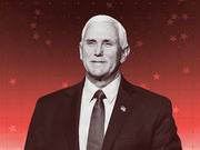Stylized editorial illustration of Mike Pence in black and white against a red background with stars and a dotted grid pattern.