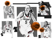 Editorial collage illustration of five UConn Huskies women's basketball players in uniform with glowing orange basketballs on a black and white graphic background.