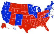 US electoral map showing states colored red for Republican and blue for Democrat with electoral vote counts labeled in each state