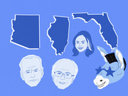 Editorial illustration showing outlines of Arizona, Illinois, and Florida alongside illustrated faces of two older men, a woman, and a Democratic Party donkey mascot on a blue background.